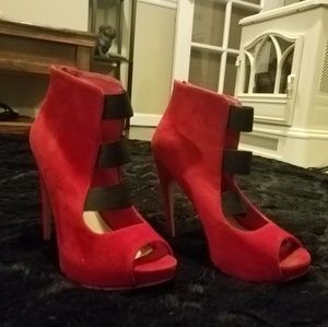Red suede with black straps suede platform booties